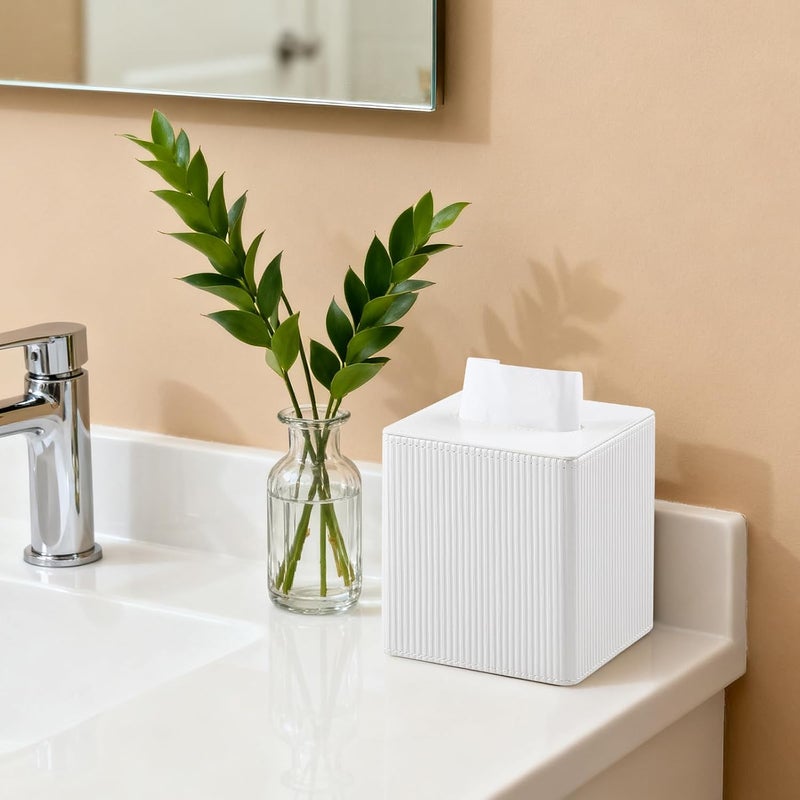 Cretkhp Tissue Box Cover Square with Magnetic Closure, PU Leather Tissue Box Holder for Bathroom NightStands Livingroom, Decorative Modern Square Tissue Holder (Ivory) - Image 5